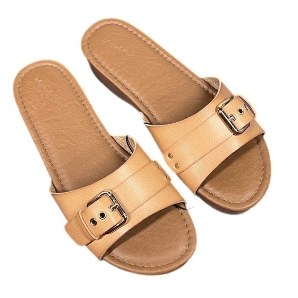 Universal Threads | Tan Vegan Leather Buckle Detail Sandals Slide - Picture 2 of 12